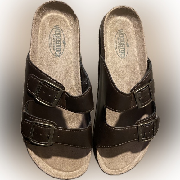 Men’s Woodstock vintage Sandals slides size 9 double strap brown leather - Picture 1 of 5